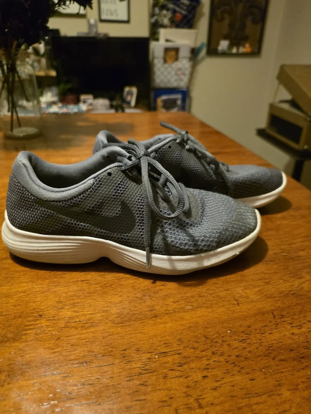 Nike Revolution 4 Dark Gray Knit Athletic Sneakers with White Soles